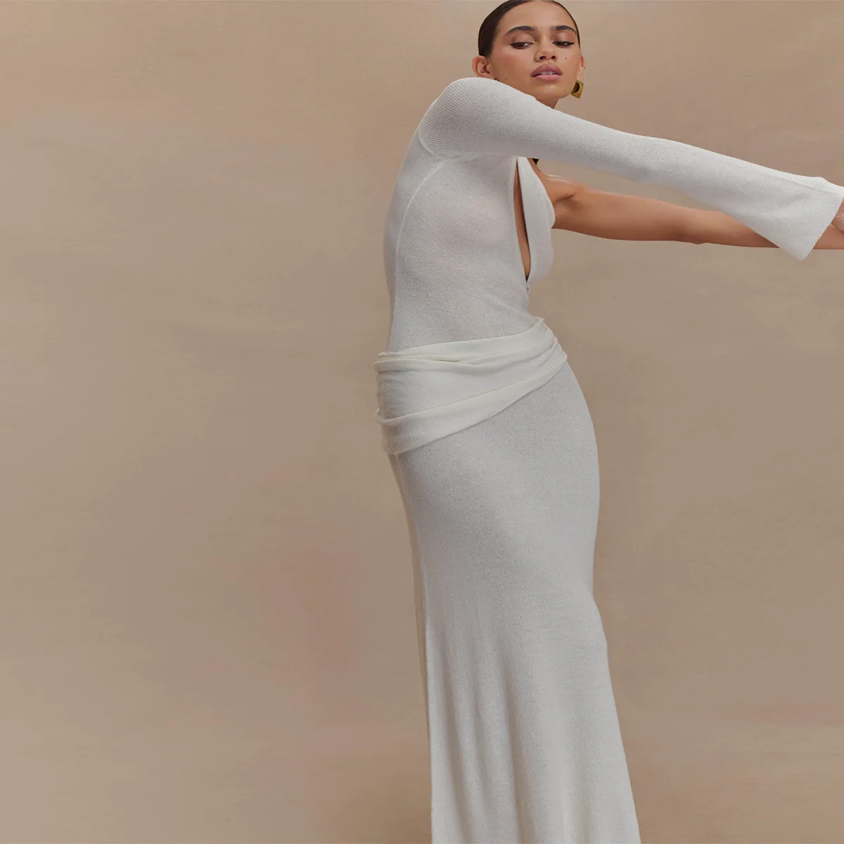 Sukienka maxi z dzianiny z jednym ramieniem i wycięciem, damska, modna, dopasowana, z długim rękawem, typu bodycon, idealna na imprezę, wieczór i do noszenia na co dzień.