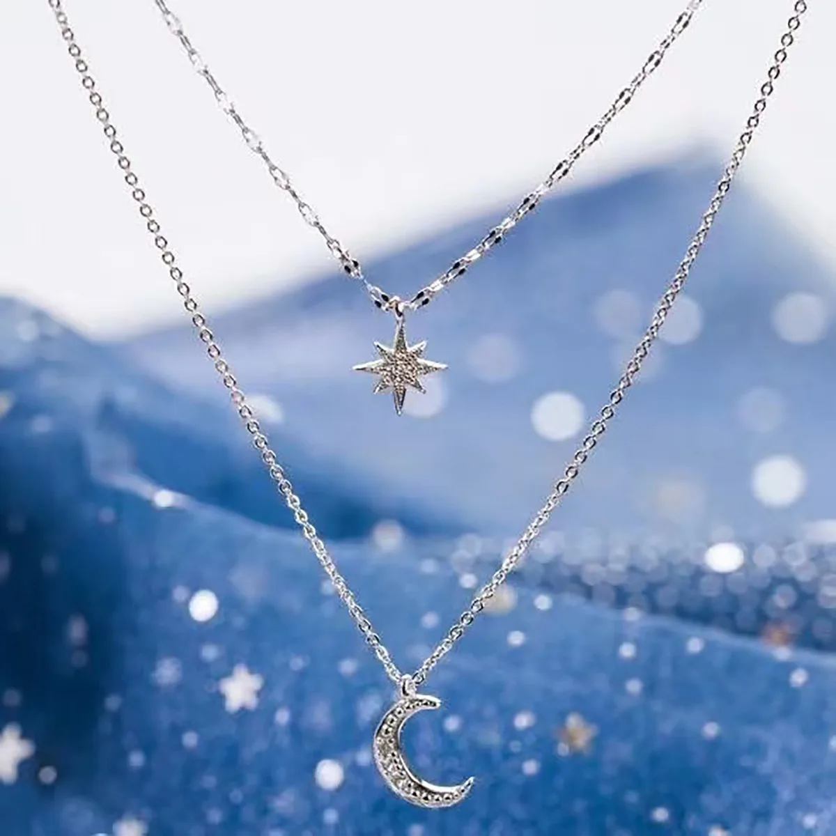 Stars Moon Double Necklace Silvery Alloy Material Chain Shining Women Fashion Style Design Small Collarbone Chain Light Luxury