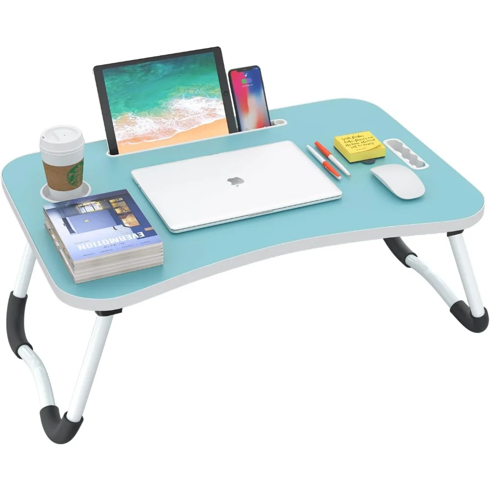 Lap Desk, 23.6 Inch Portable Wood Blue Laptop Bed Desk Lap Desk with Cup Holder, for Working Reading Writing, Eating