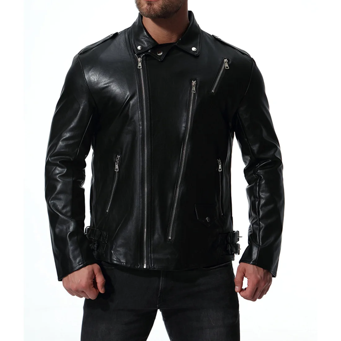 Foreign Trade 2018 Autumn Classic European and American Men's Motorcycle Large Size Leather Jacket Multi-zipper Casual Lapel Lea