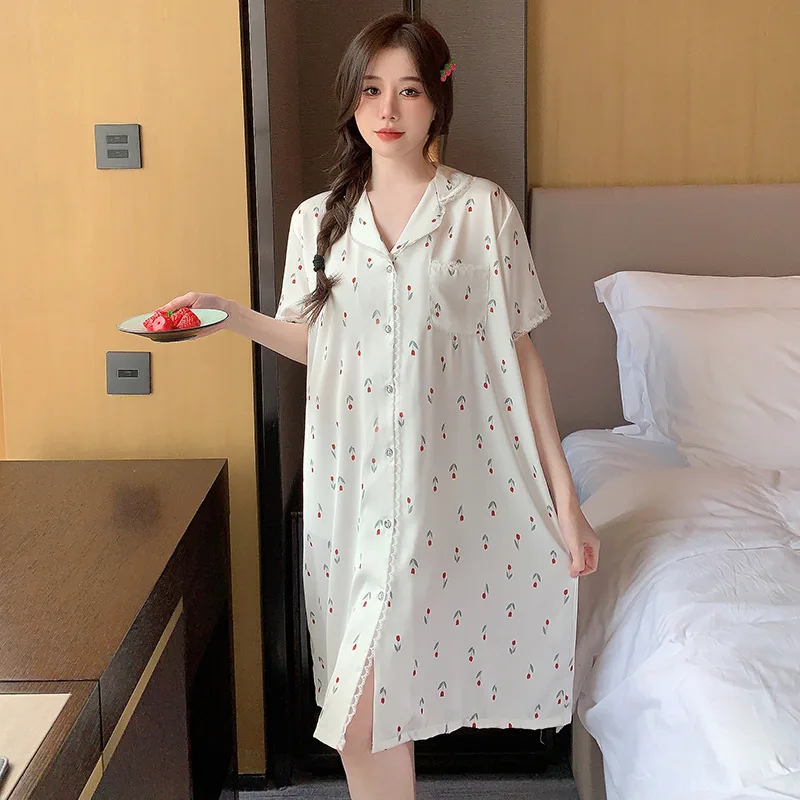 Korean Pajamas Dress Loungewear Sleepwear Silk Nightgown For Women Lapel Short Sleeve Sleepshirt Ladies Home Wear Nightie