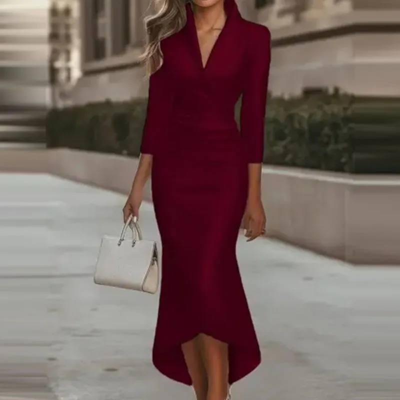 エレガントなVネック長袖イレギュラーロングドレスファッション通勤スリムフィットパーティードレスレディースカジュアルドレープサテンマキシドレス