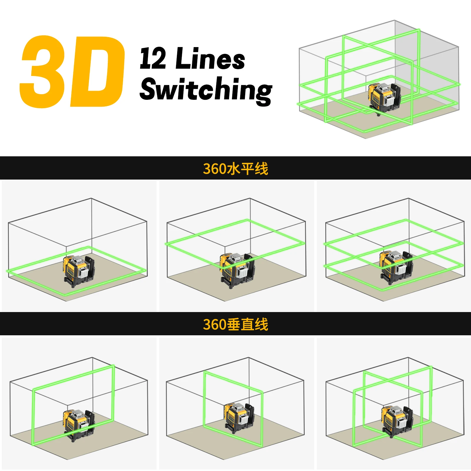 DEWALT NEW DW089LG Зеленый лазерный уровень с литиевой батареей 12 В |   12 линий, 3 стороны, 360 °   Горизонтальный Вертикальный |   Измеритель для наружного выравнивания