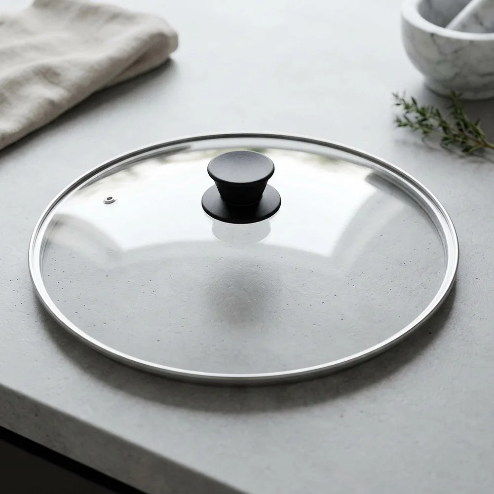Glass Pot Lid with Stainless Steel Edge for 8 Inch Fry Pan Wok Skillet Features Ventilation Holes and Heat Resistant Grip Handle