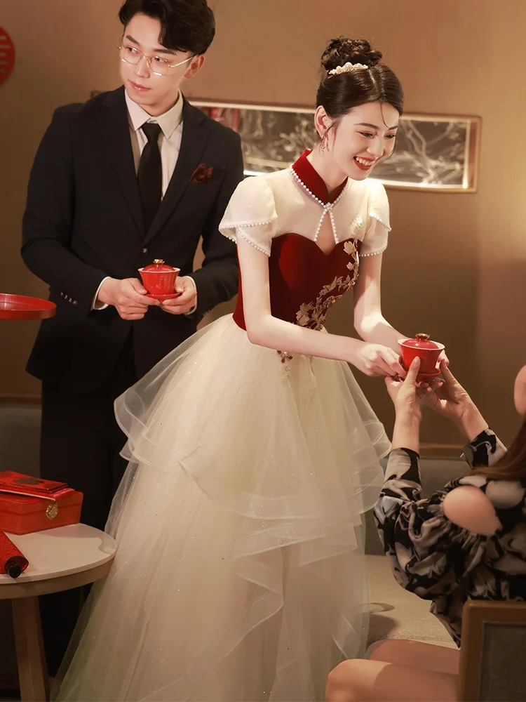 

Red Wedding Dr Ele Vintage Sle Long Evening Gown for Women ort Sve Pearl Embellied Floor Length Ceremony Dr