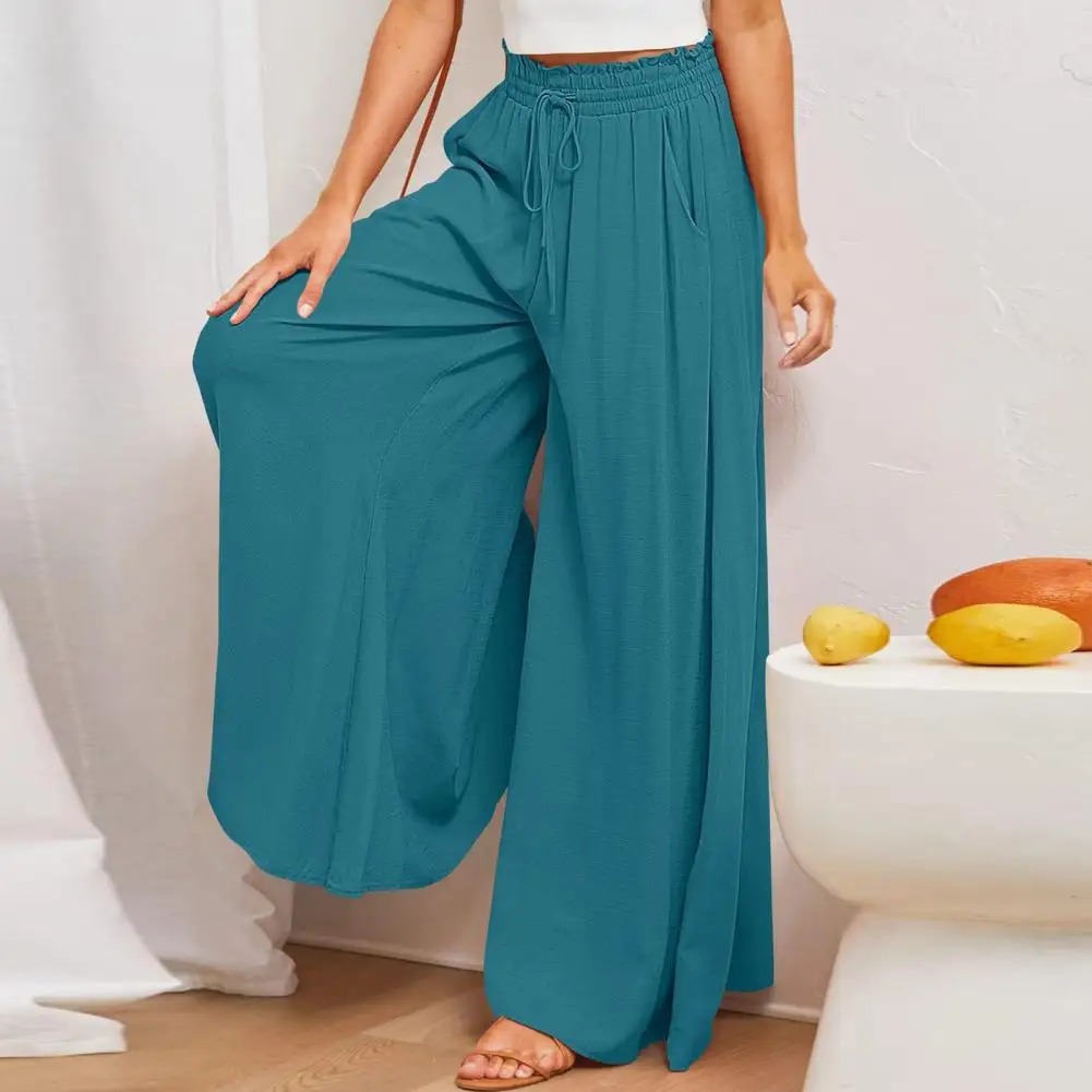 Women'S Solid Color Trousers Elastic Belt Wide Leg High Waist Long Culottes Femme джинсы женские 2024