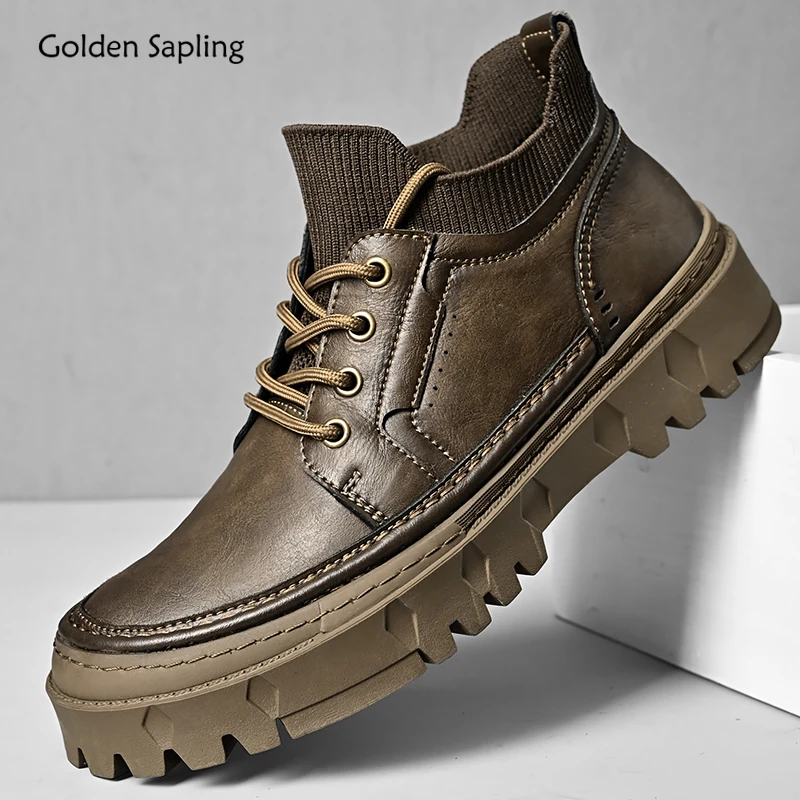 Golden Sapling Genuine Leather Boots Men Fashion Tooling Shoes Classics Platform Men's Boot Leisure Work Shoe Outdoor Footwear