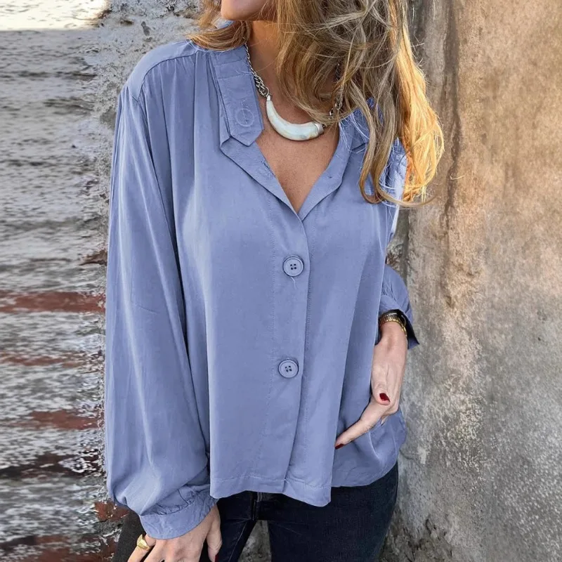 

2025 New Autumn Women's Loose Style Bubble Sleeves Solid Color Casual Fashion Button Up Shirt