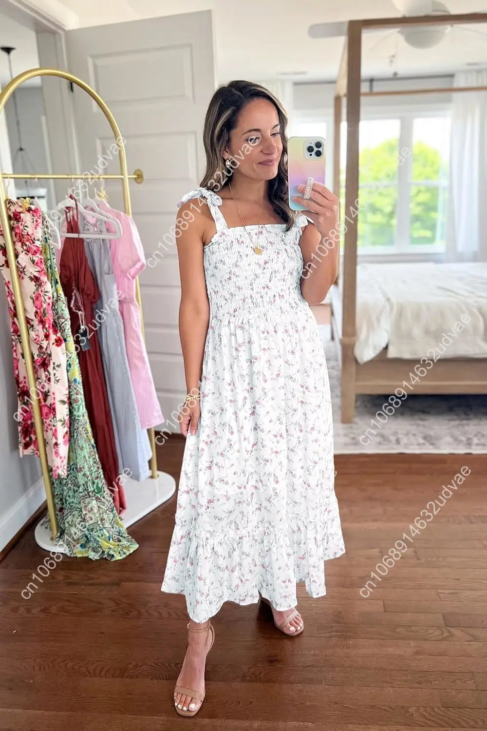 Imily Bela Abito estivo da donna con cinturino allacciato Boho Abito da spiaggia floreale Collo quadrato Abiti da sole con volant Abito maxi smock a linea