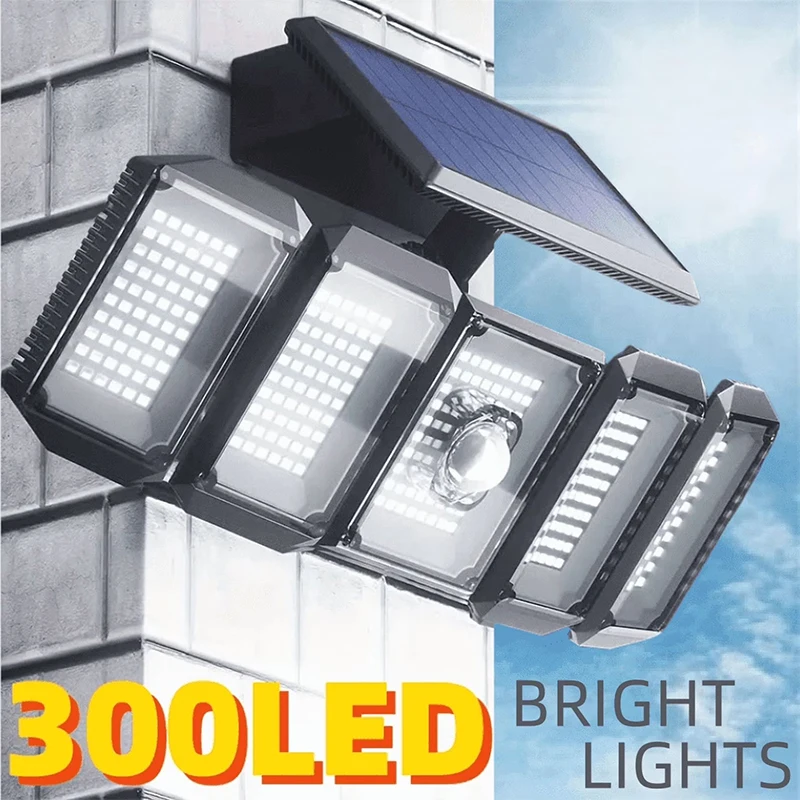 

300 LED Solar Motion Sensor Light, 5 Adjustable Heads, 360° Wide Angle Security Floodlight for Yard, Garden, Garage - Outdoor