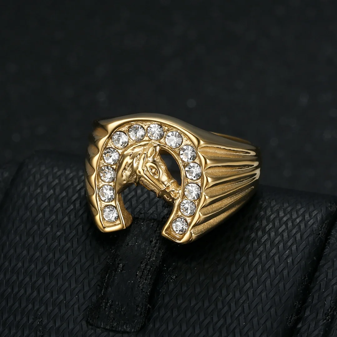 Punk Iced Out Bling CZ Horse Head Ring Gold Silver Color Stainless Steel Animal Rings for Women Men Fashion Party Jewelry Gift