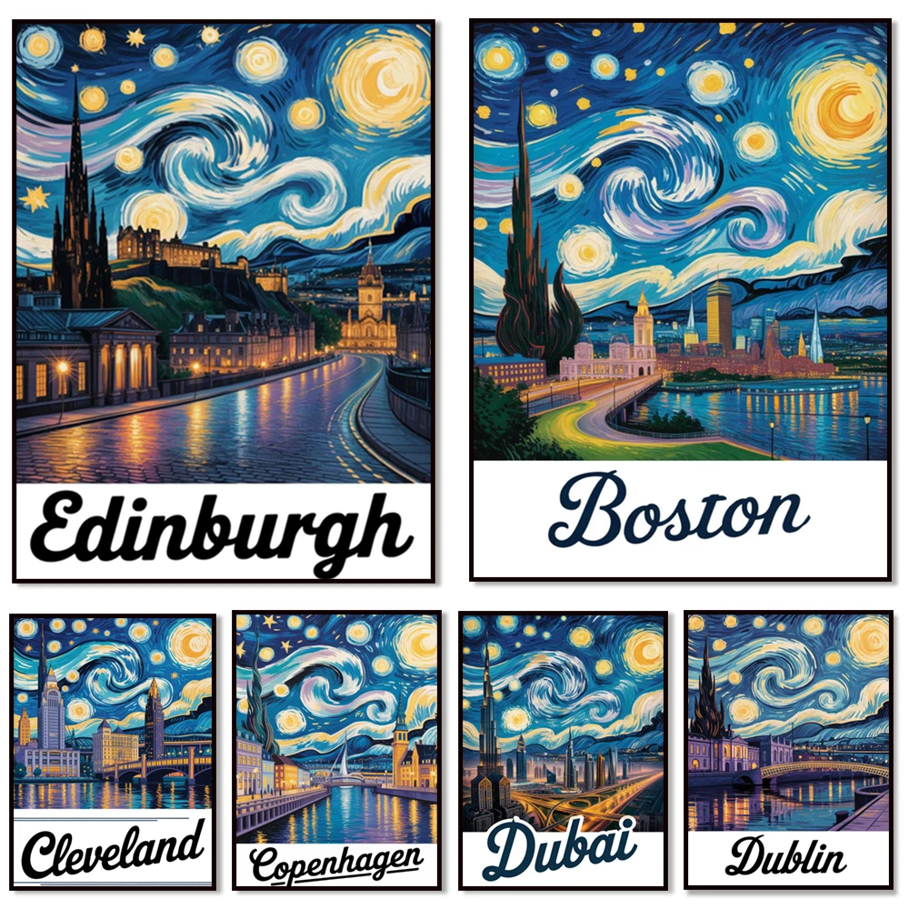 Van Gogh style starry night Edinburgh, Dubai, Cancun, Cleveland, Cape Town, Boston, Brisbane, Brussels, Busan scenery sea view