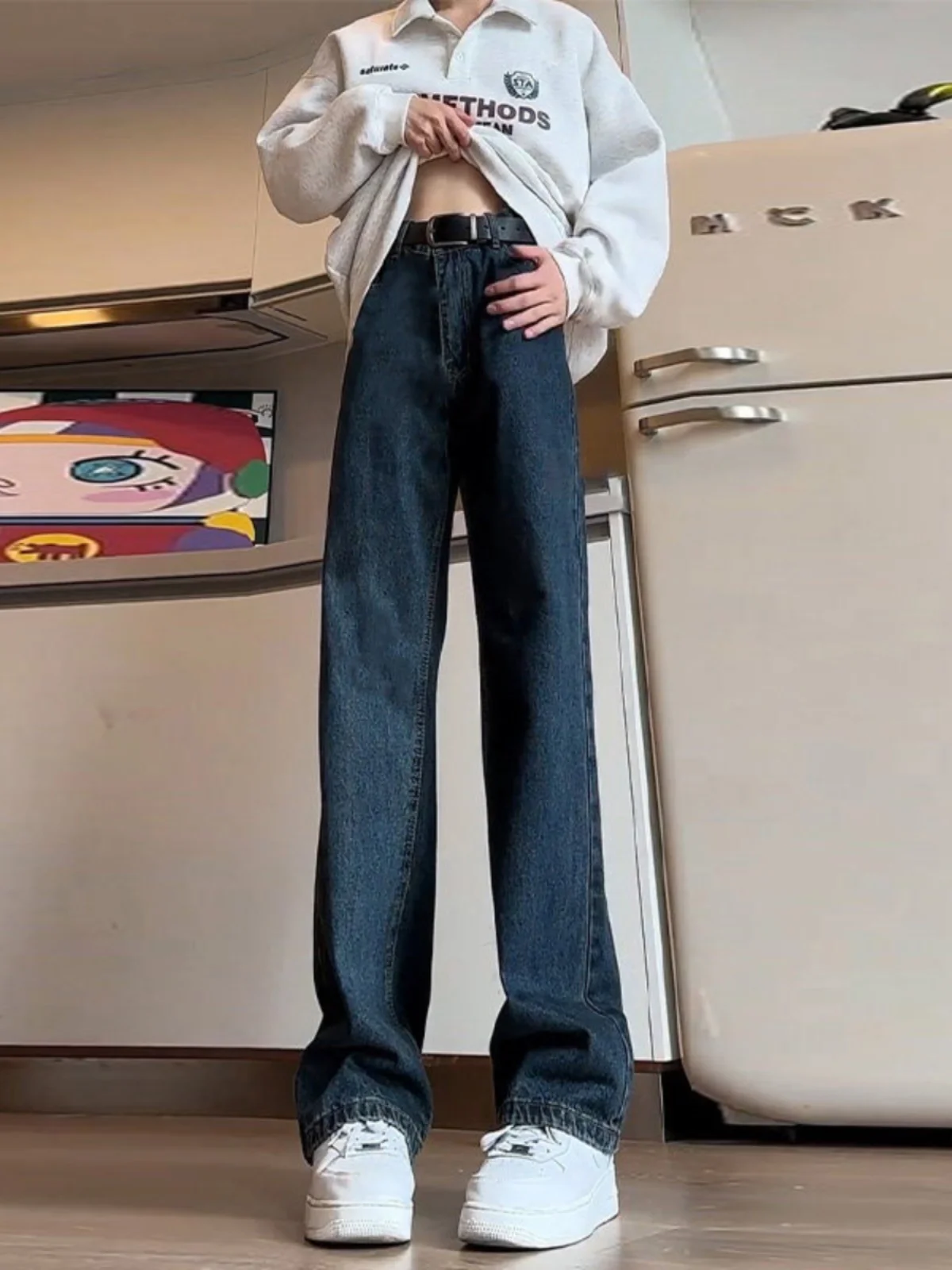 

Мужские джинсы прямого кроя в стиле ретро, темно-синие, с высокой талией, удлиненные, для высоких мужчин, в американском стиле, повседневные, из хлопкового денима