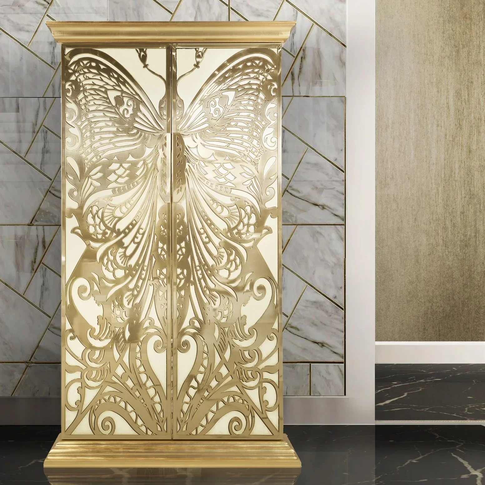 Bedroom furniture American minimalist butterfly design wardrobe brass solid wood swing door storage wardrobe classical gold foil