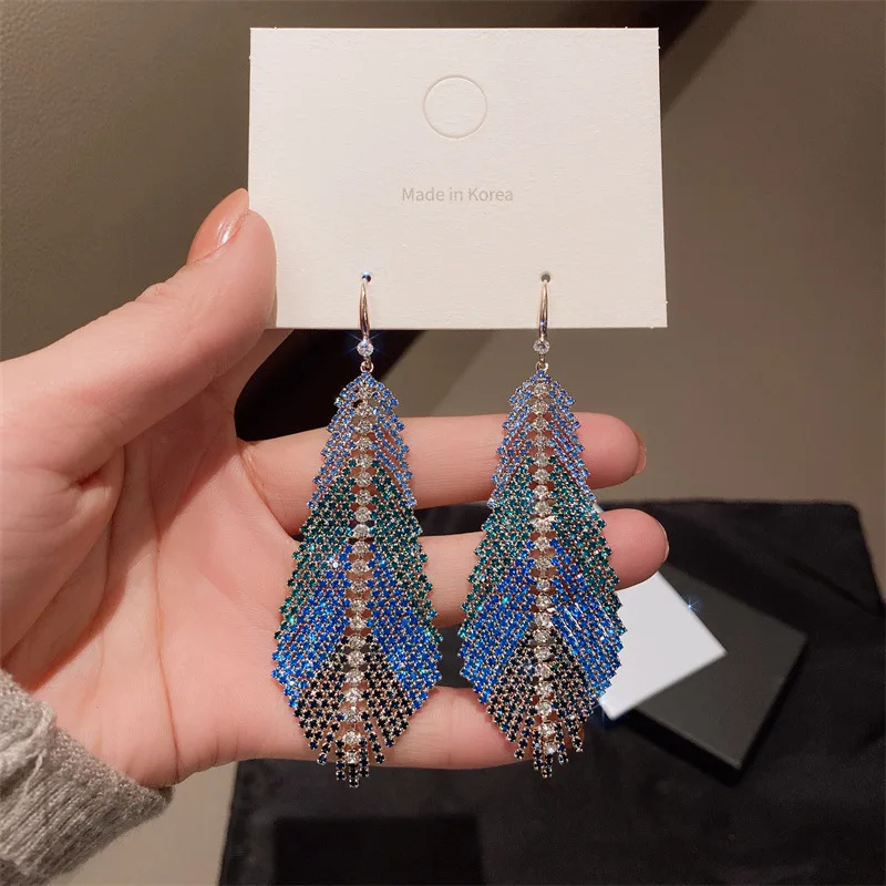 S2994 Dazzling Colorful Blue Feather Zircon Grab Chain Long Tassel Dangle Earrings Geometric Exaggerated Earrings