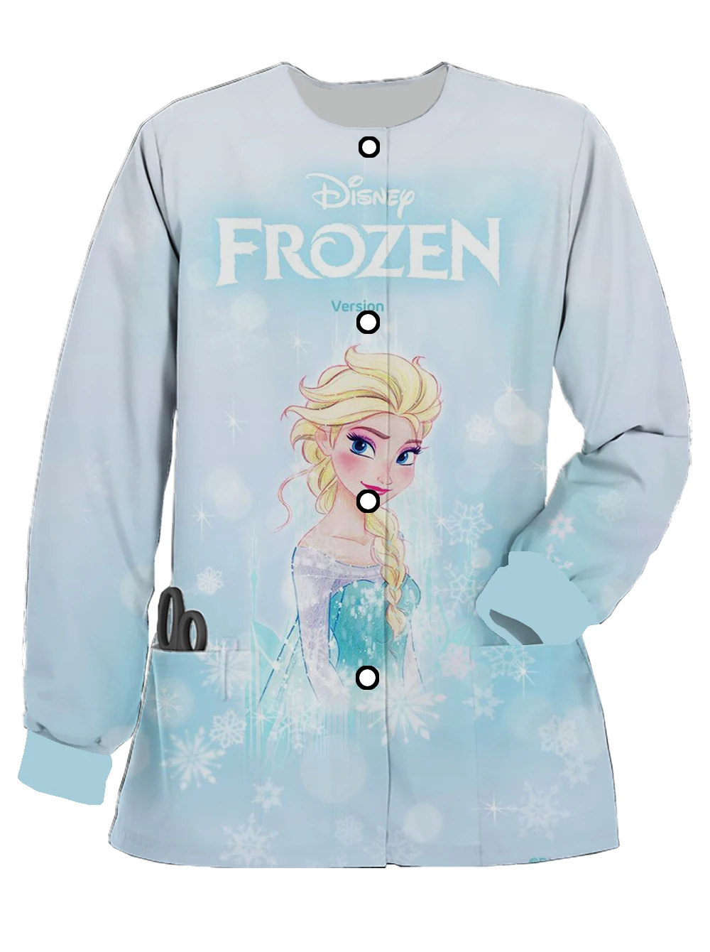 Moda feminina roupas disney princesa elsa impresso manga longa bolso cardigan feminino hospital roupas de trabalho roupas de enfermagem