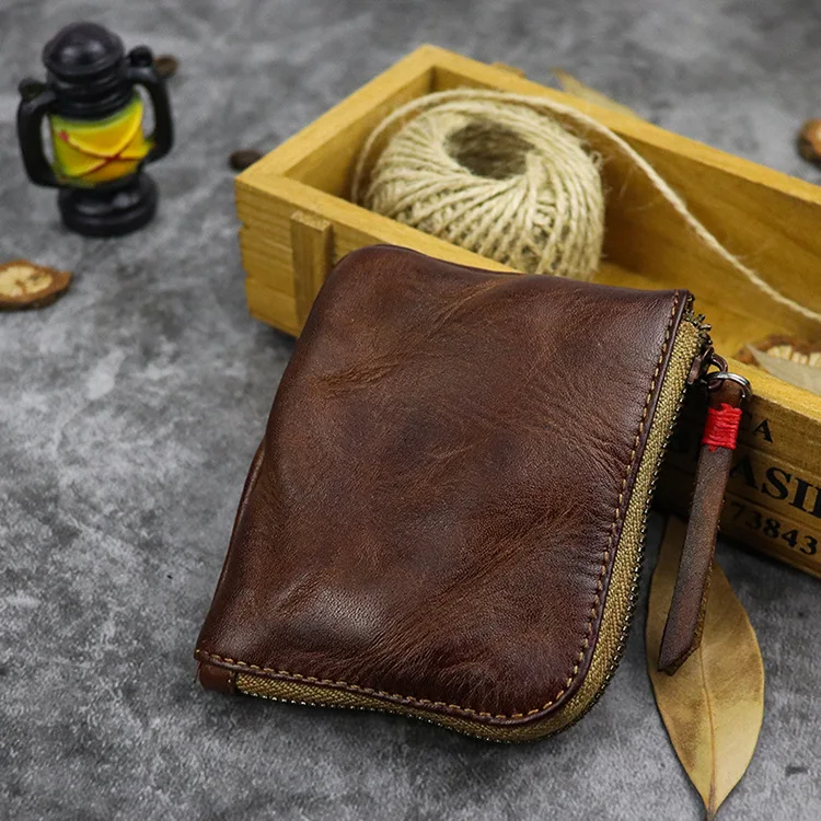 

Retro Handmade Top Layer Cowhide Coin Purse Washed Color Leather Wallet Simple Artistic Bifold Men's Wallet