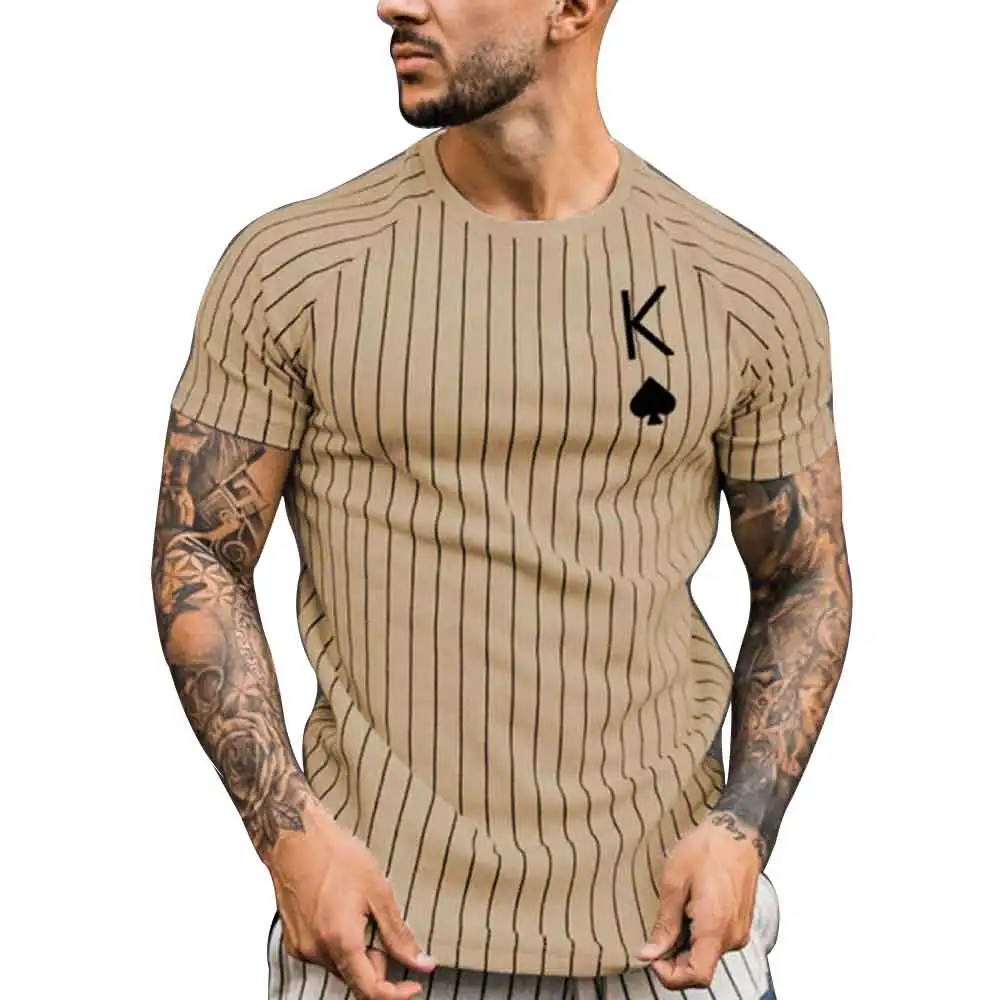 

Casual men's T-shirt striped brown short sleeved poker K 3D printed T shirts round neck pullover street trend men's daily wear