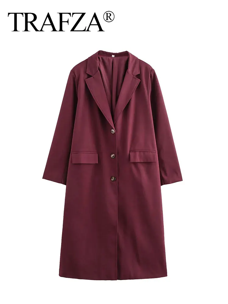 

TRAFZA Fashionable V-neck Single-breasted Elegant Women's Mid-Length Pocket Casual Jacket Women's Retro Burgundy Loose Coat