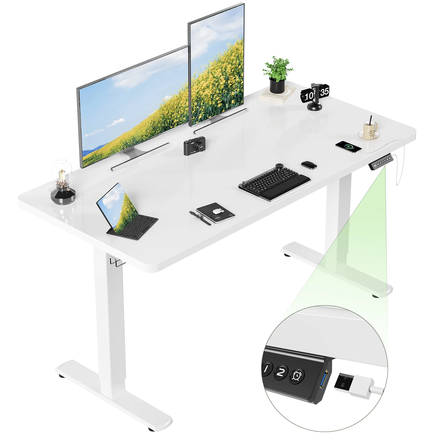 Devoko Bureau réglable en hauteur avec prise USB 140x60 cm Bureau d'ordinateur Table de bureau ergonomique pour la maison