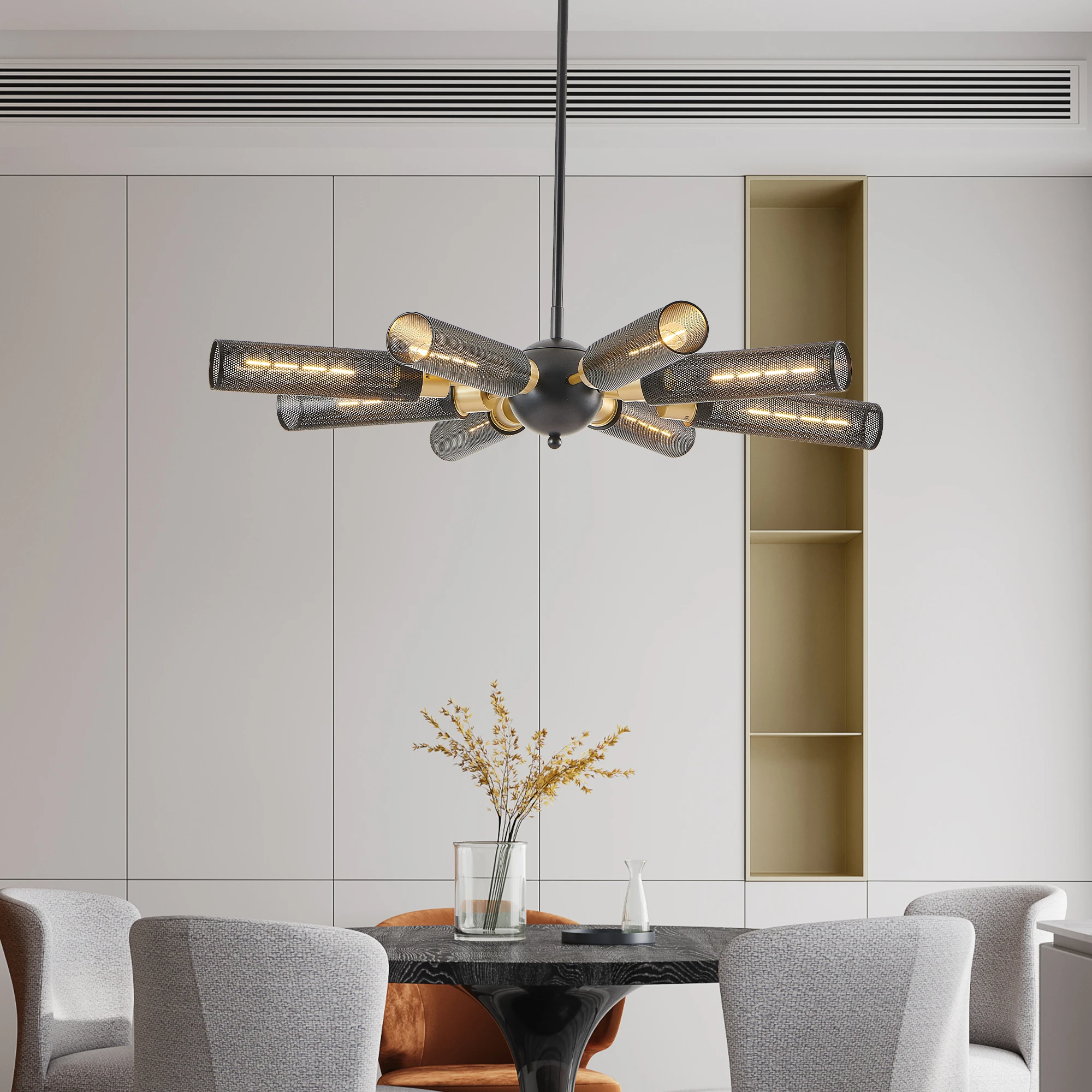 

8-Light Industrial Sputnik Chandelier, Black Iron Pendant Light with Mesh Shades, Adjustable Height for Dining Room, Living Room