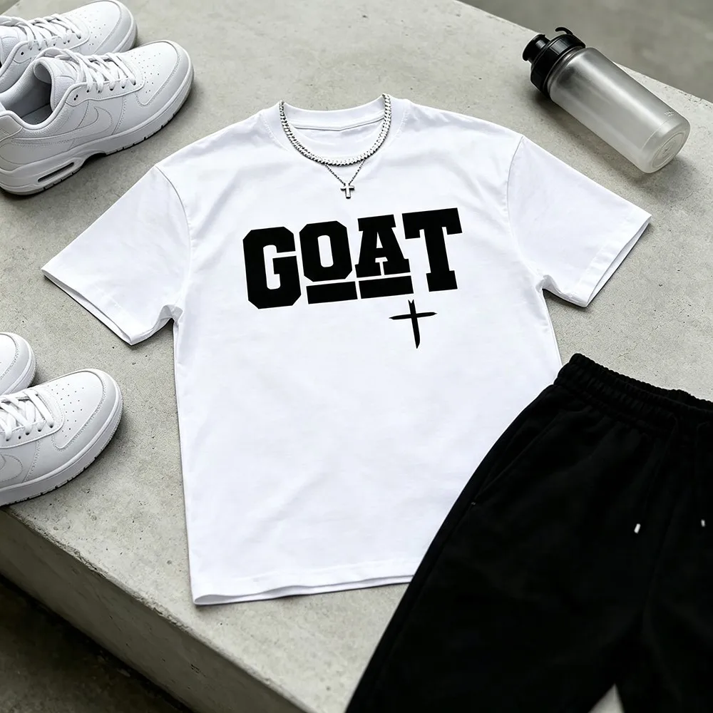 Unisex Bold Letter GOAT Graphic T‑Shirt, Classic Crew Neck Short Sleeve Tee, Relaxed Fit Hip‑Hop Streetwear Soft Cotton Daily Outfit Tops streetwear,crew neck,cotton blend,outdoor outing,machine washable