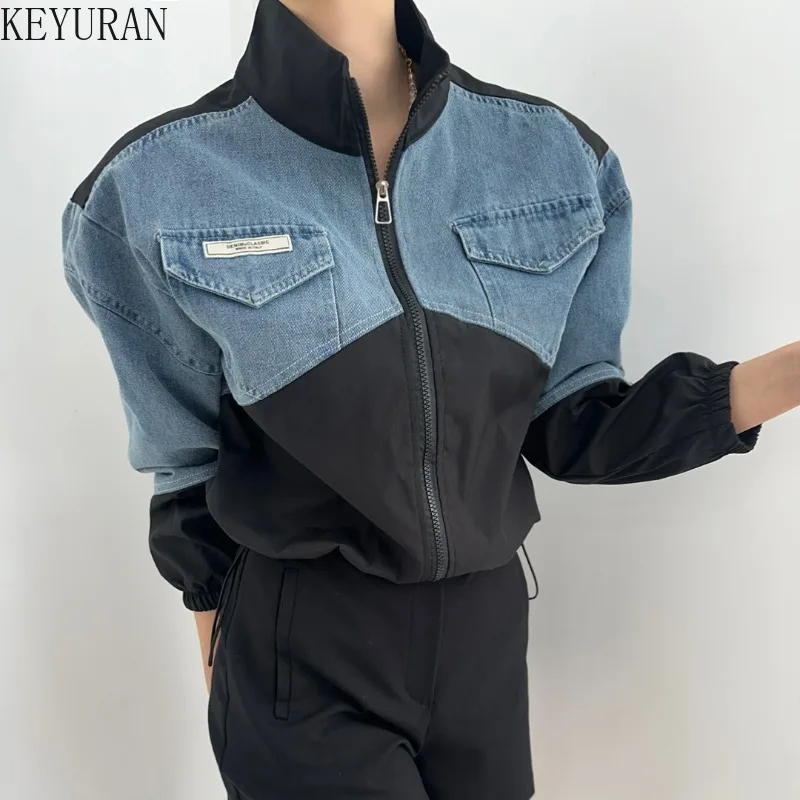 2024 Spring Korean Chic Retro Color Contrast Patchwork Denim Jacket Coat Women Clothes Casual Loose Long Sleeve Crop Tops Female