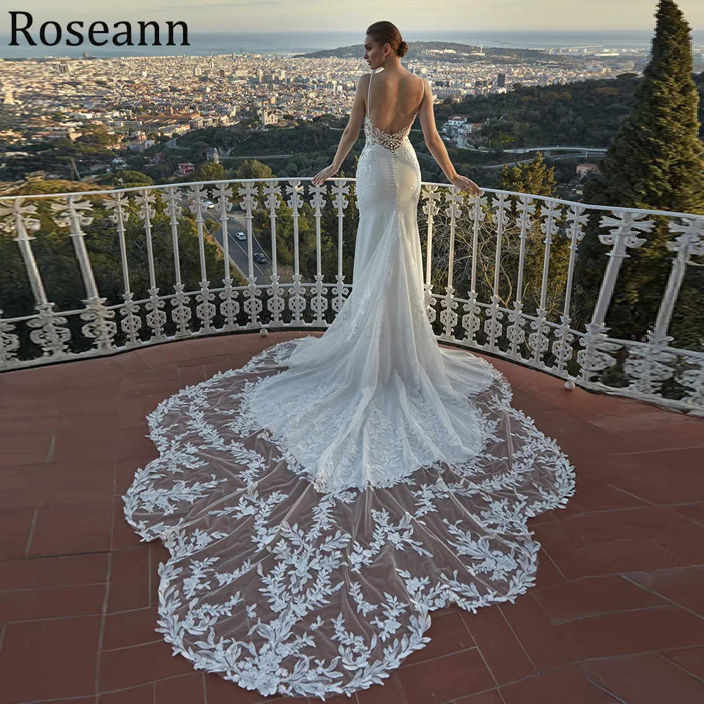 فساتين زفاف حورية البحر الفاخرة المخصصة على شكل قلب من التل والدانتيل مزين بقطار محكمة فساتين زفاف طويلة بدون ظهر فيستدو دي نوفيا #1