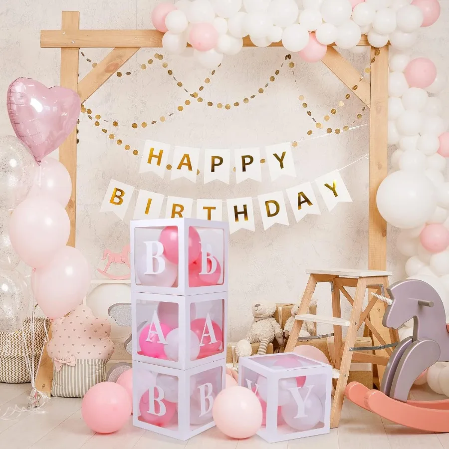 Cajas de bebé con 42 Uds. De letras para Baby Shower, cajas de globos transparentes, bloques de cajas de globos transparentes para niño y niña, fiesta de revelación de género