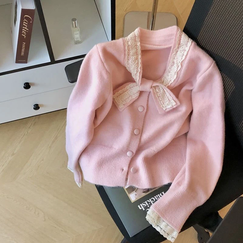 Sweet Bow Knitted Cardigan Women Lace Patchwork Button Chic Gentle Sweater Spring Autumn Female Long Sleeve Casual New Outwear