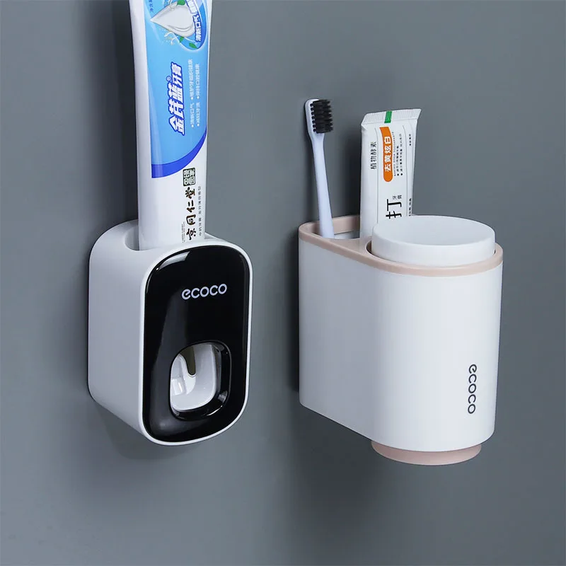 ECOCO Automatic Toothpaste Squeezer Couple Magnetic Suction Mouthwash Cup Toothbrush Storage Rack Bathroom Wall Mounted Shelf