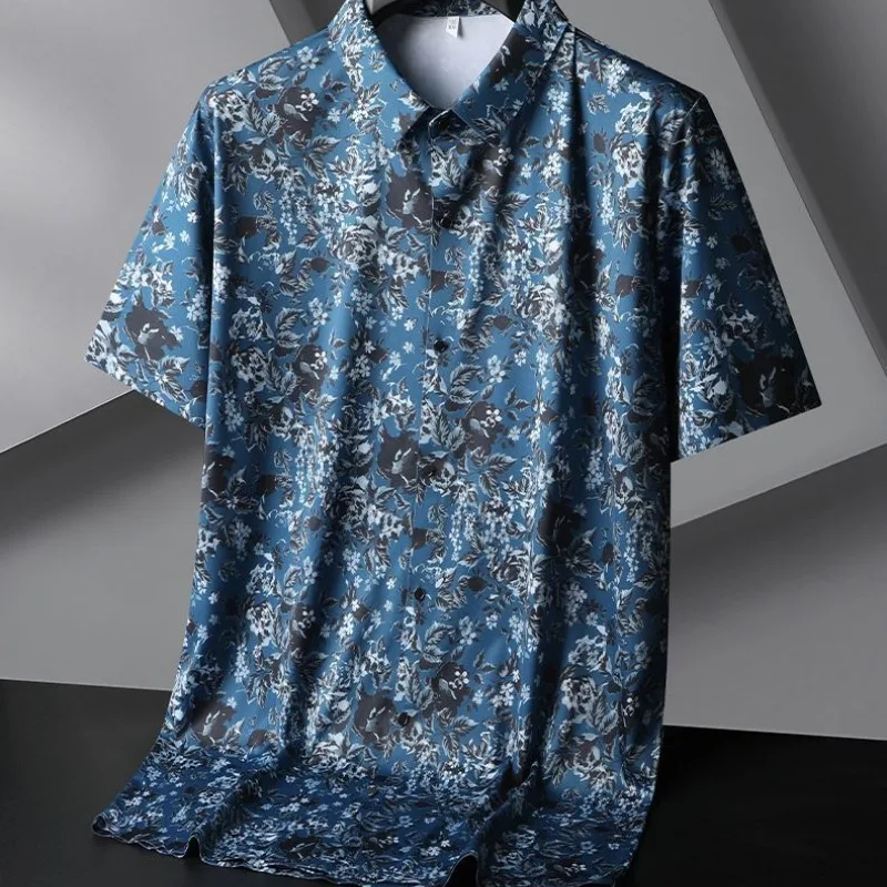 Camisa de manga corta para hombre, camisa informal de negocios con cuello cuadrado, estampado de tela de seda helada, hilera única, botones múltiples, a la moda, suelta, Verano