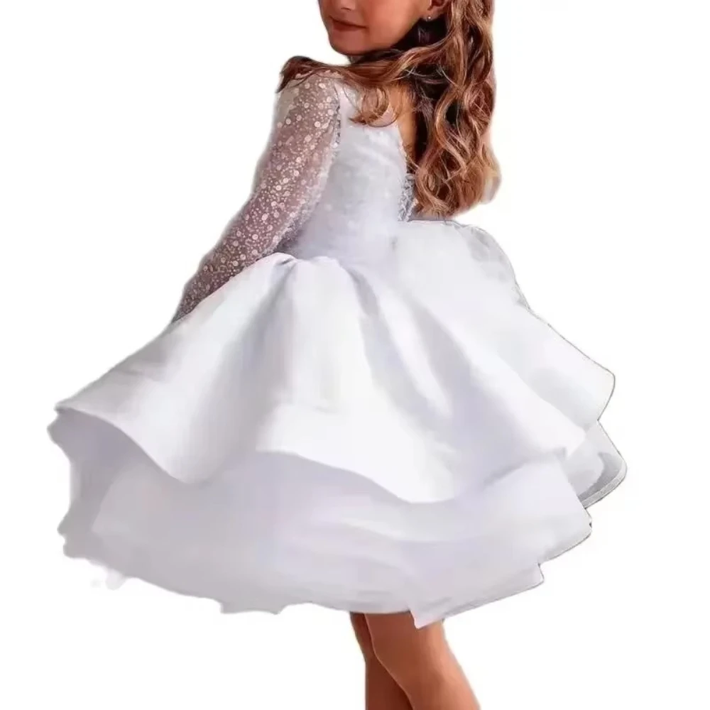 White Girl Birthday Party Dress Long Sleeve Pearl Tulle Multi Tier Ruffle Skirt Kids Flower Girl Dresses For Wedding Ceremony