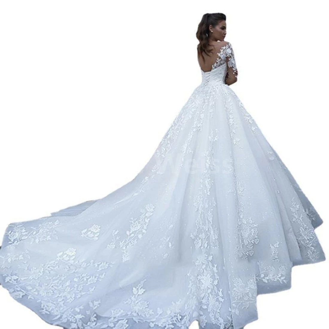 Robes de mariée A-ligne avec train de balayage pour mariée, appliques en dentelle à la mode, personnalisées