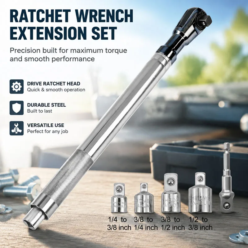Chrome Vanadium Steel Telescopic Ratchet Wrench, Square Adapter Set, Household Auto Repair Quick Disassembly and Assembly Tool
