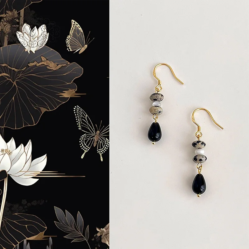 

Luxury Black Agate Dangle Earrings, Elegant Speckled Bead Design, Perfect Gift for Special Occasions