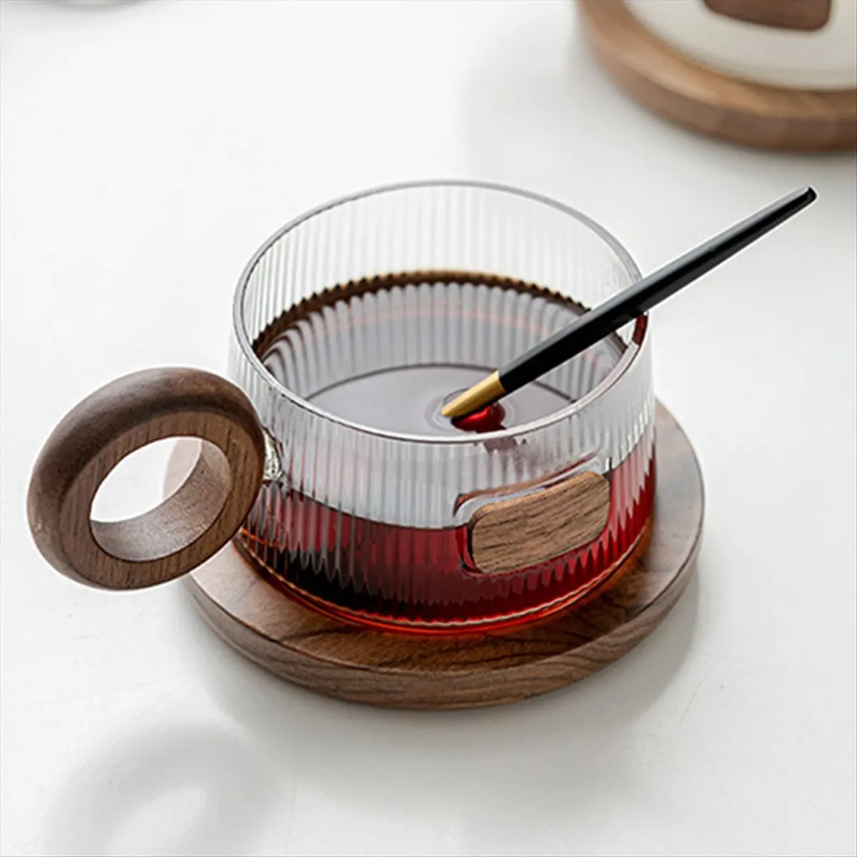 Okay Coffee Cup Set Glass Tea Cup with Spoon Wood Coaster Simple Household Milk Tea Cup Glass Water Cup