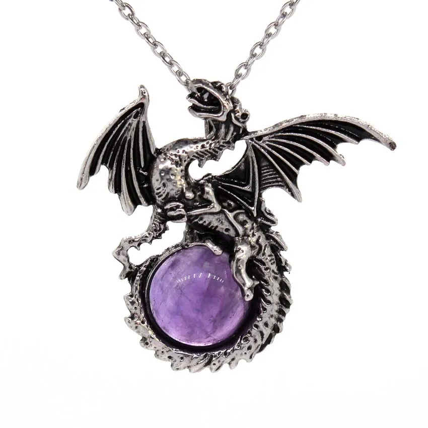 

Vintage Fly Dragon Crystal Stone Pendant Necklace for Women Men Natural Amethyst Rose Quartz Tiger Eye Stone Pendant Jewelry