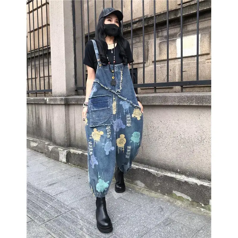 Spring and Autumn New Korean Extra Denim Overalls Women's Loose Retro Printing Fashion High Waist Washed Nine-Point Jumpsuit