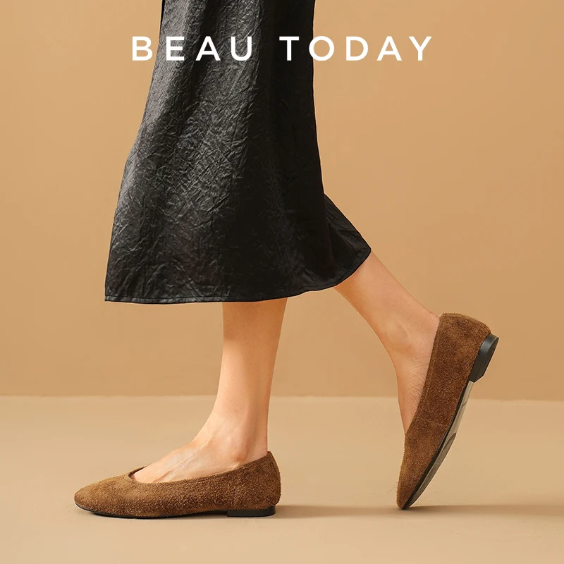 BEAUTODAY Базовые женские туфли на плоской подошве из натуральной коровьей замши с круглым носком, однотонные балетки без шнуровки, женская повседневная обувь ручной работы 18117