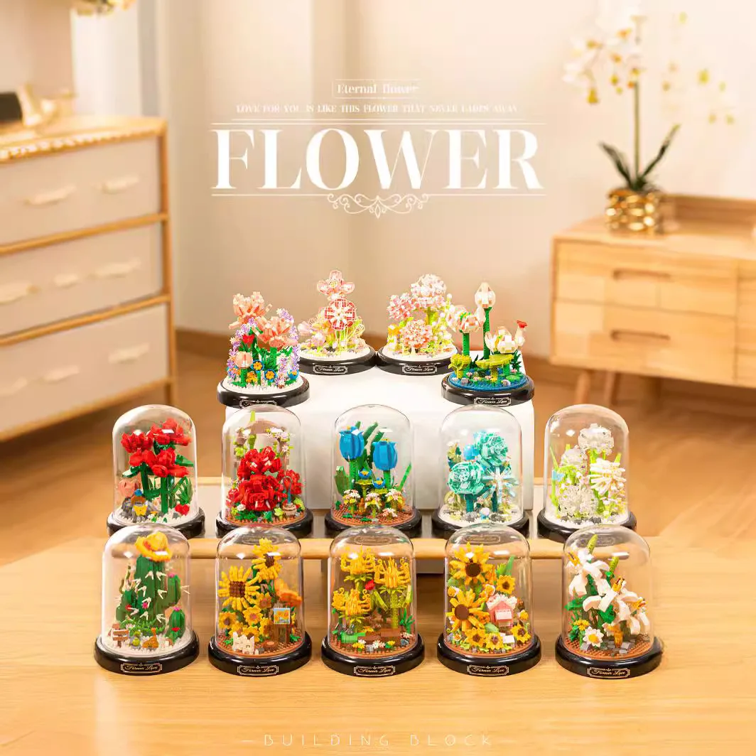 

Creative Plant Flower Micro Diamond Block Rose Sunflower Gardenia Nanobrick Carnation Dandelion Building Brick Toy Display Stand