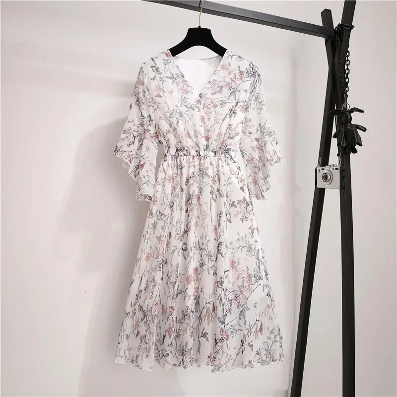 Summer Sweet V-neck Fairy Floral Print Mididress Elastic Waist Ruffles Sleeve Chiffon Slim Dress Cottagecore Clothes for Women