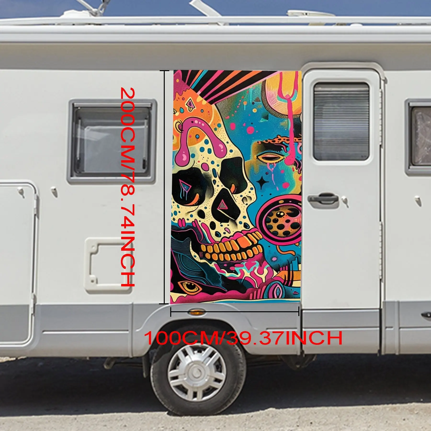 Psychedelic Skull Art Motorhome Car Door Sticker PVC Self Waterproof Stick, Striking Auto Exterior Accessories Decor Protect Gif