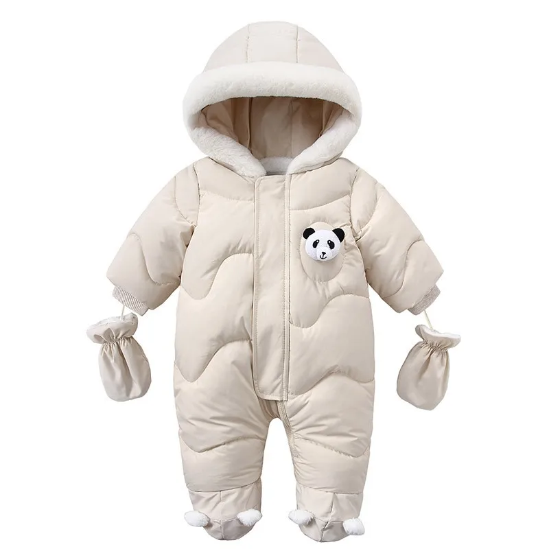 UNIFEMEN Infant Girls Winter Bodysuit Panda Patched Hooded Solid Plus Velvet Thickened Parkas For Newborn Boy Baby Girls Outfits