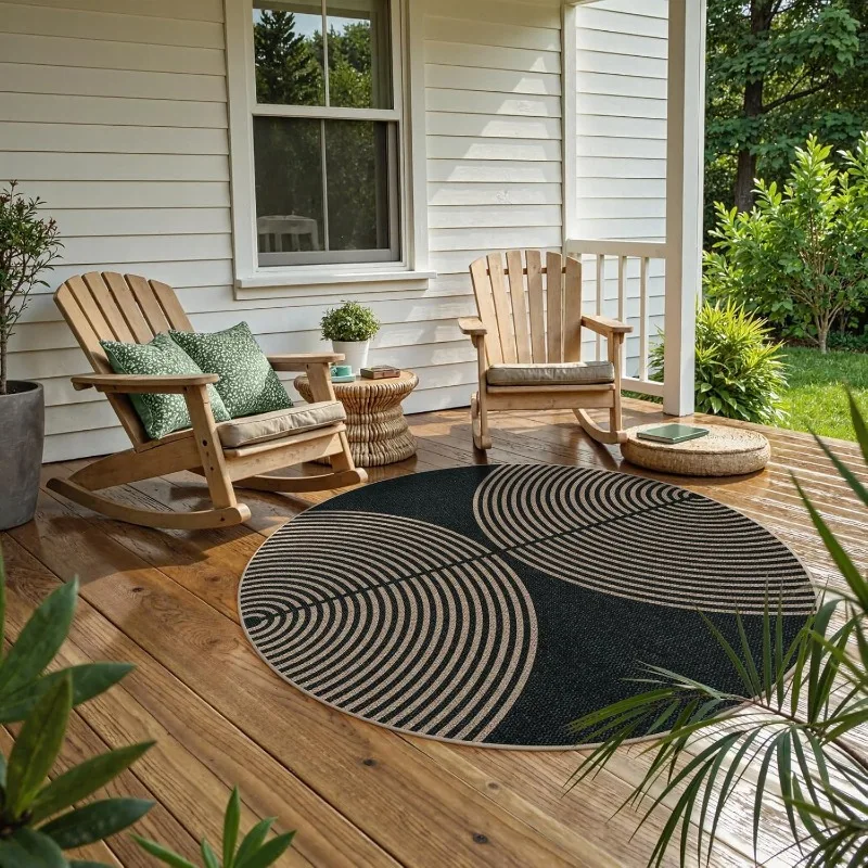 Streifenmuster-Teppich, Linien-Design, runde Matte, moderner Outdoor-Innendekorationsteppich für Veranda, Terrasse, Wohnzimmer, Schlafzimmer, Terrasse