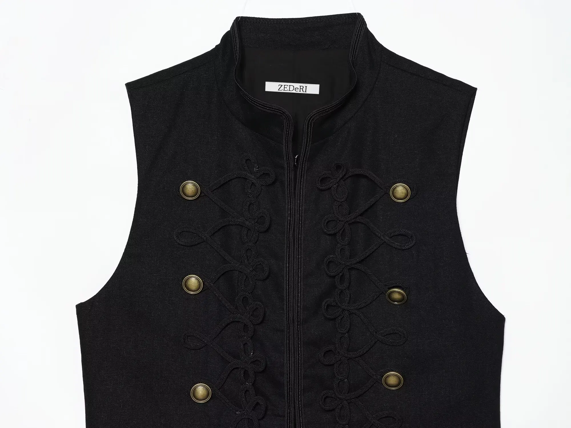 HH Elegante Retro Schwarze Ärmellose Weste mit Doppelreihigen Froschknöpfen für Formelle Anlässe, Alltag, Büro und Urlaub – Detail 4