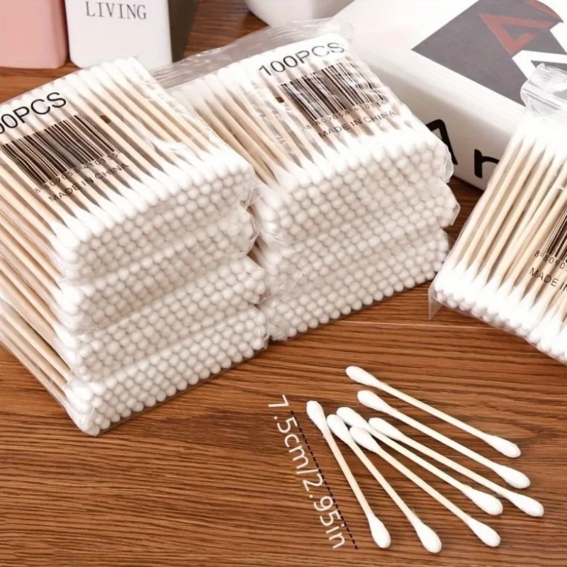 100 مسحة قطنية برأسين بدون بارابين، مناسبة لتنظيف الأذن اللطيفة ومستحضرات التجميل