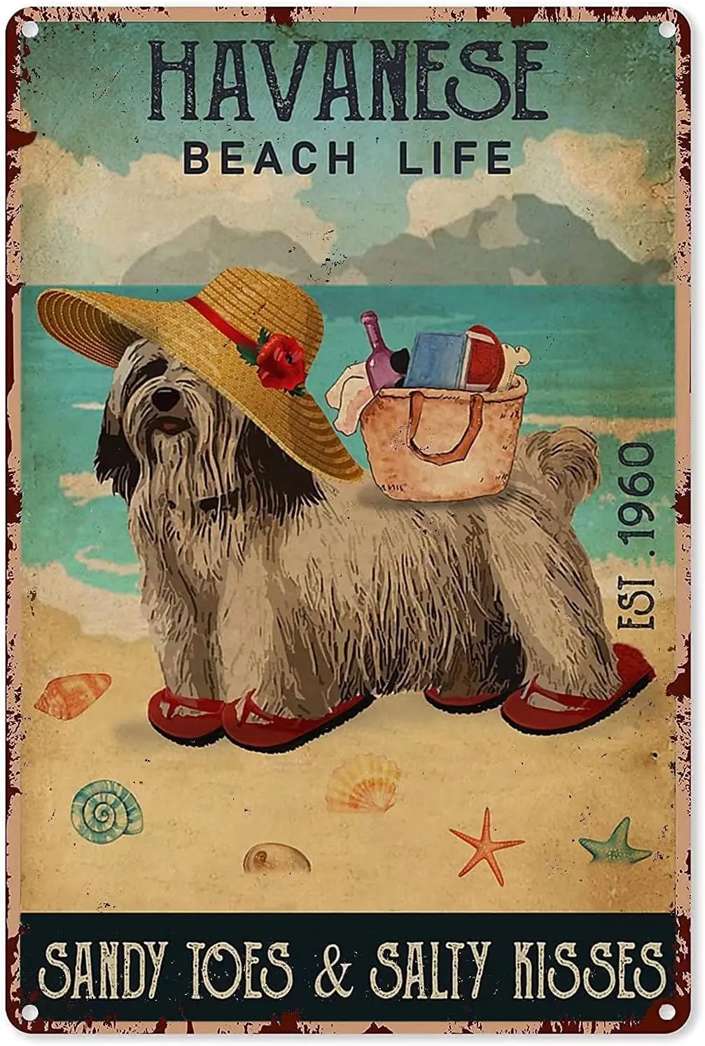 Havanese Beach Life Metal Tin Sign,Retro Dog Iron Painting Bar Sign People Cave Decor Cafe Family Garage Poster Wall Decoration