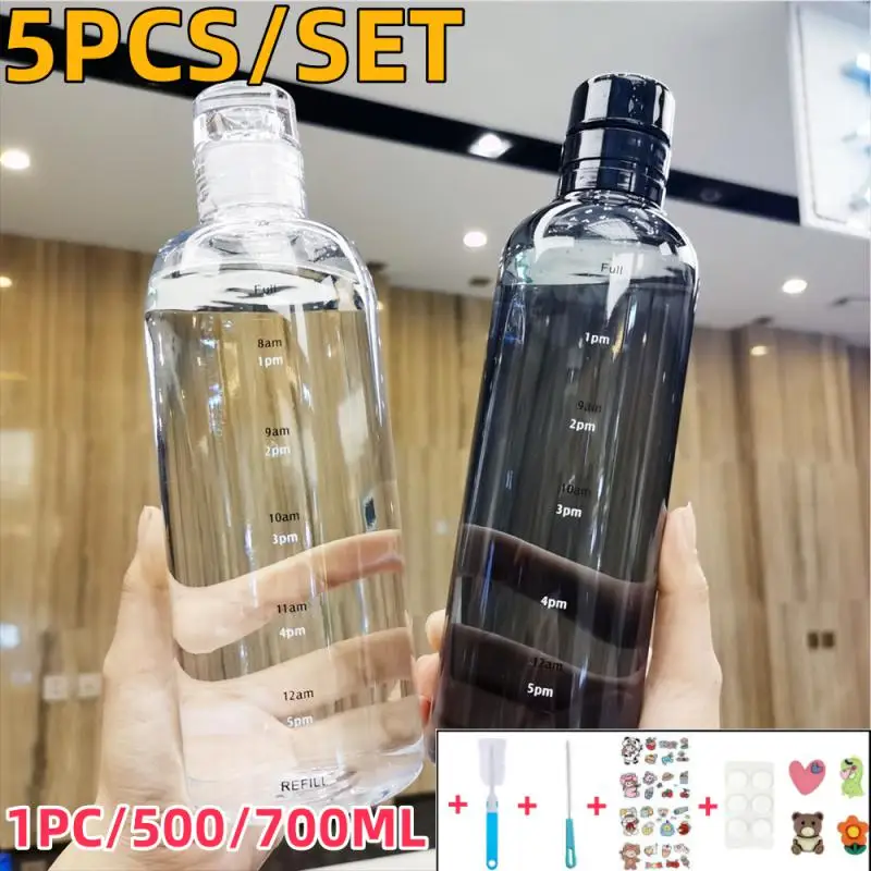 1Set Camping Water Bottle With Time Scale For Tour Outdoor Sports LeakProof Seal Travel Water Cup for Girls Milk Juice And 3D