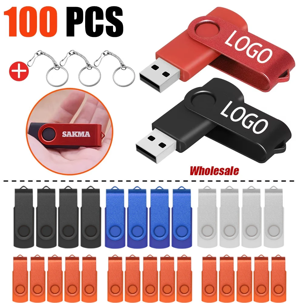 Free Custom LOGO 100PCS Flash Drive Pen Drive 2. 0 4GB 8GB 16GB 32GB 64GB Rotating Design Memory Stick Pendrive Cle USB Stick